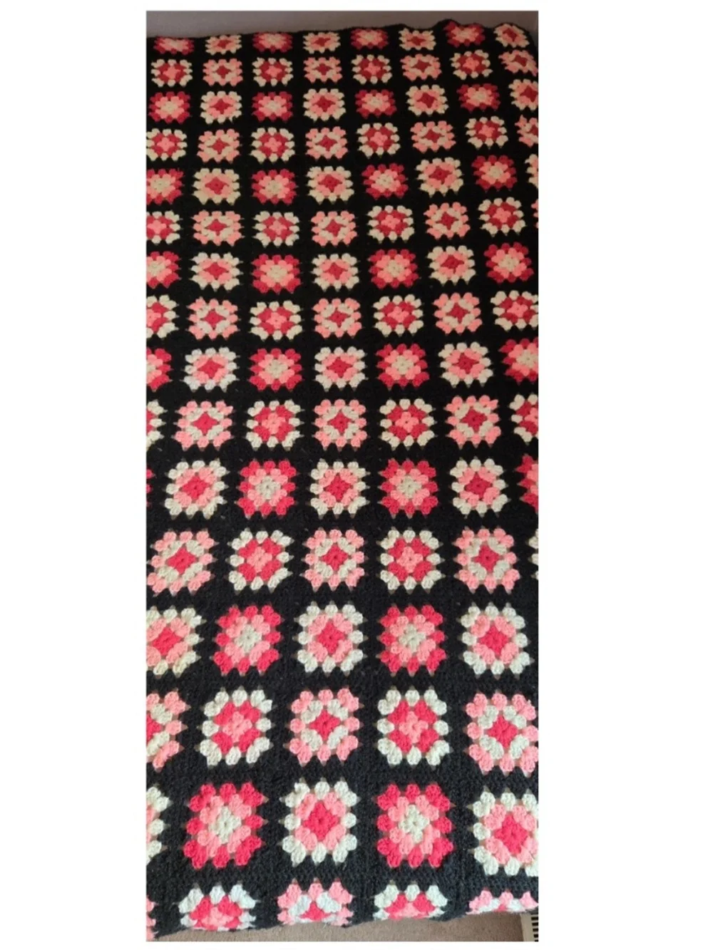 Vintage 80s Blanket Queen Hand Crocheted Black Pink White Granny Square Home VTG